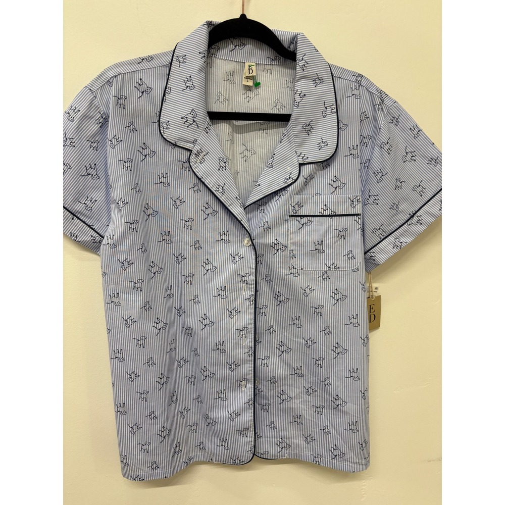 ED Ellen DeGeneres Pajama Top Blue White Striped Dog Print Sleep Shirt Large NWT